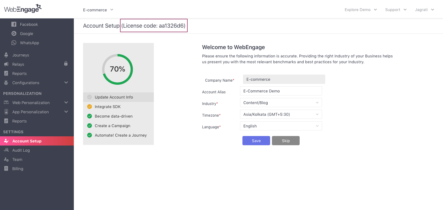 Finding your WebEngage License Code
