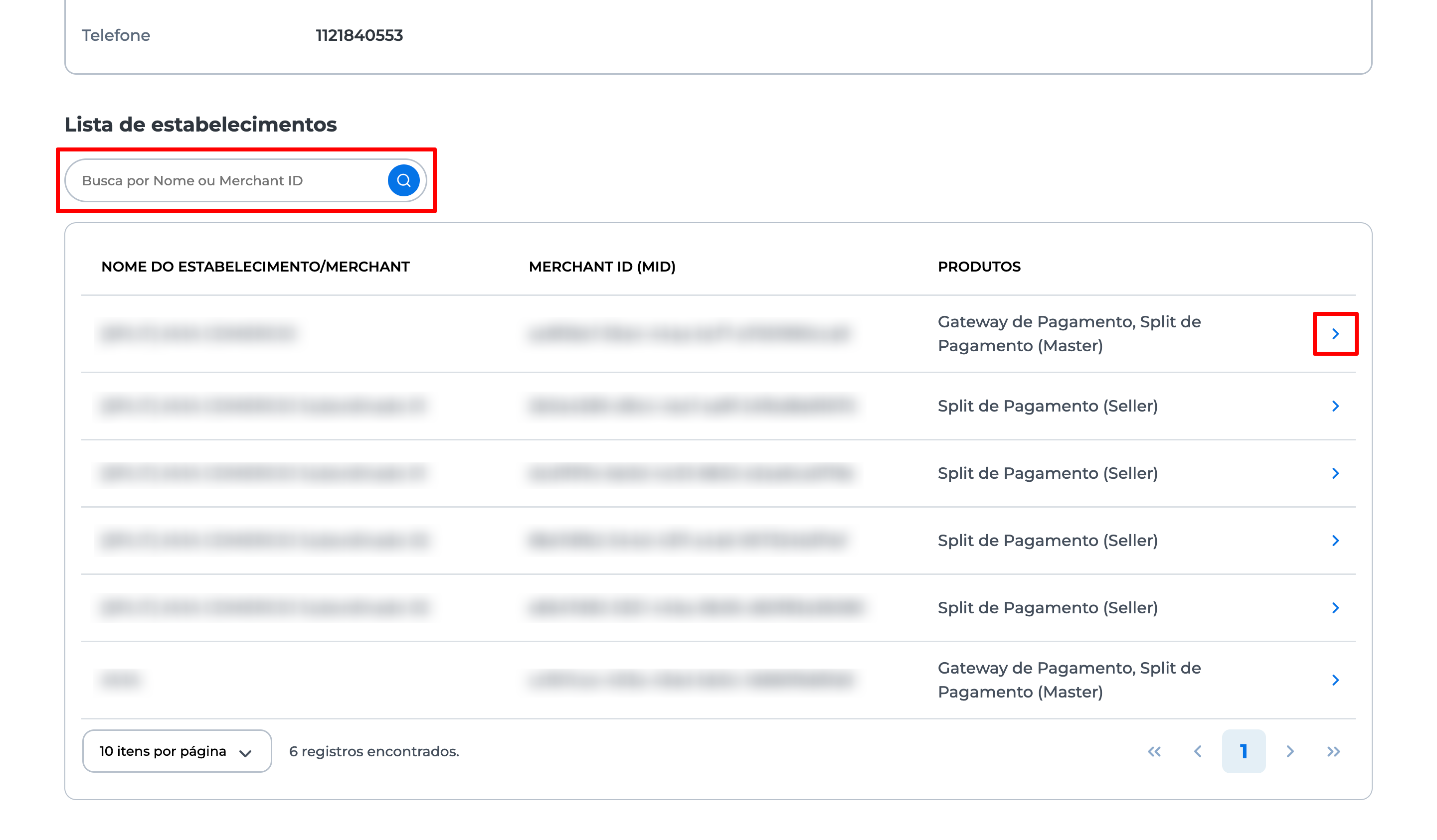 Tela do Portal E-commerce mostrando a lista de empresas disponíveis. Uma empresa está destacada, com um ícone de seta (>) ao lado, indicando que é possível clicar para acessar os detalhes da empresa.