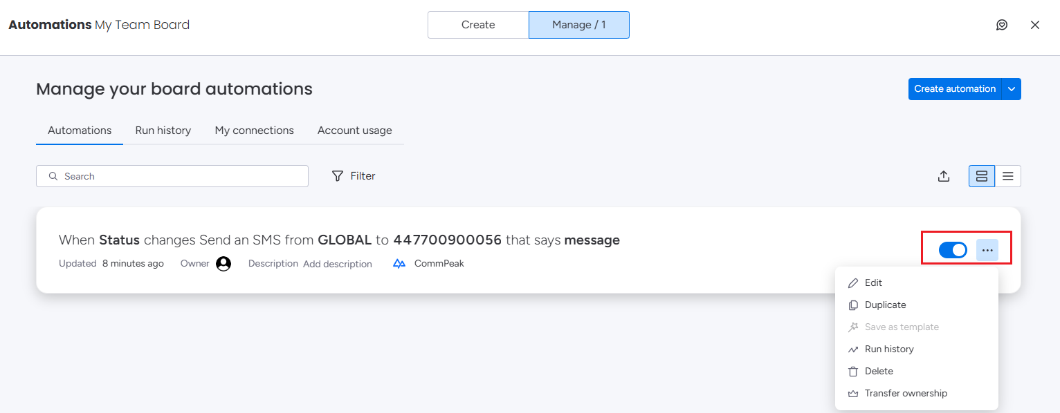 Screenshot with the options for managing automations