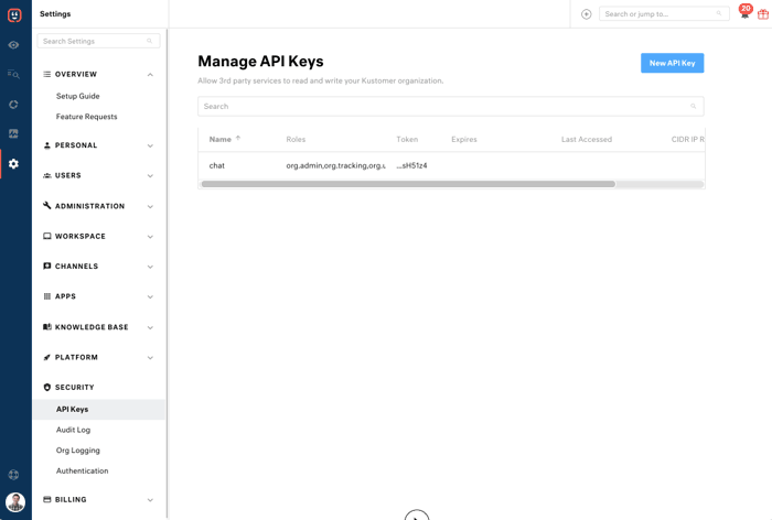 Generate an API key from the Manage API Keys page in Kustomer.