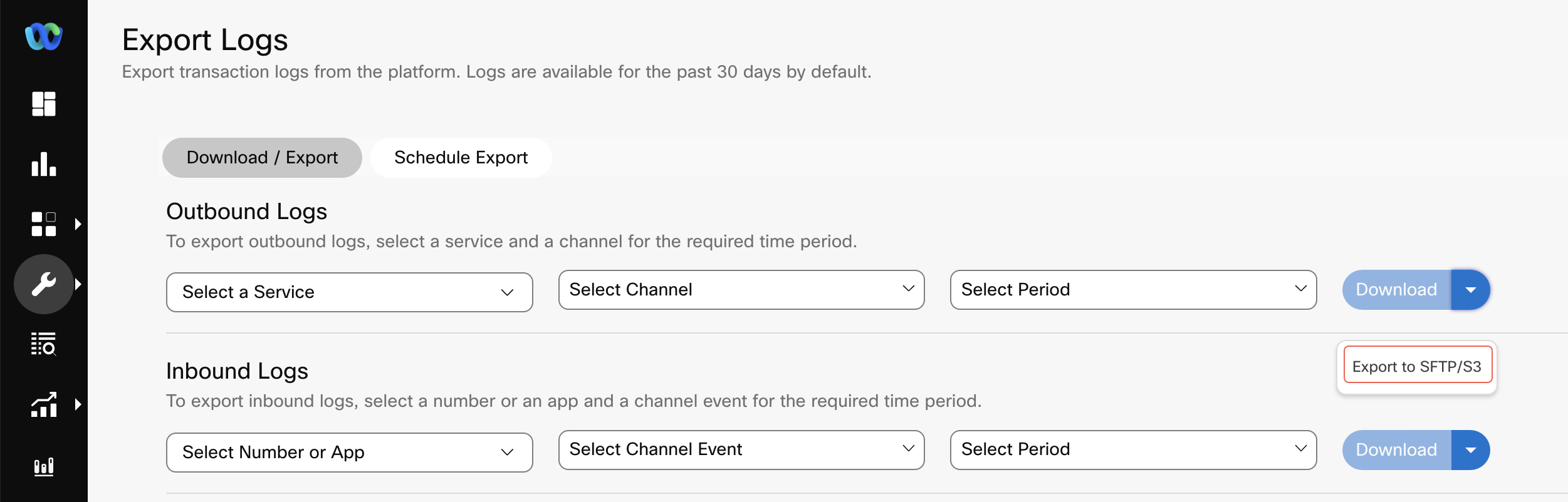 Snapshot showing how to select the 'Export to SFTP/S3' option.