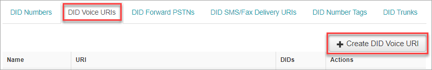 Screenshot of the **DID Voice URIs > Create DID Voice URI** option