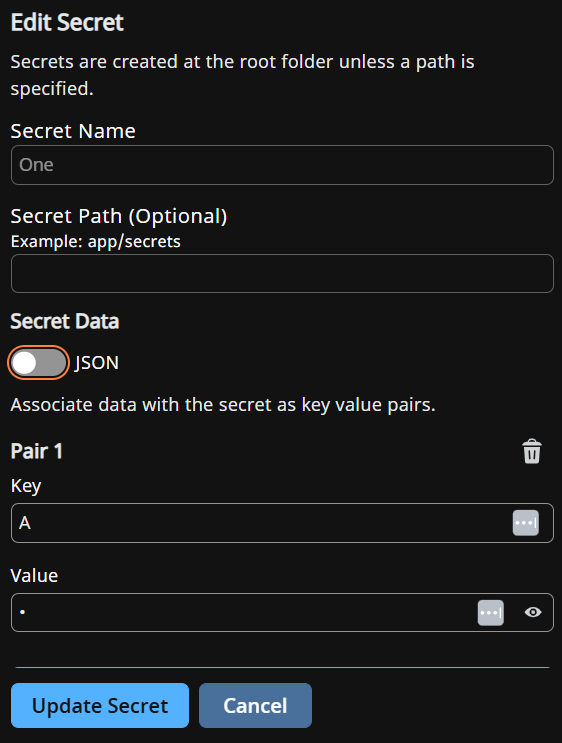 Edit Secret panel showing editable fields for an existing secret.