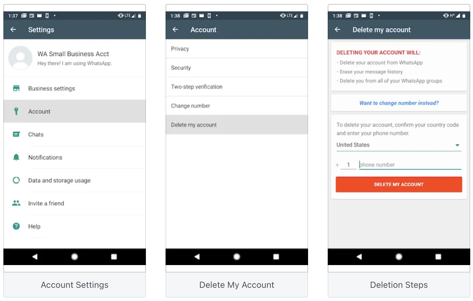 Screenshot displaying the steps to delete the WhatsApp account