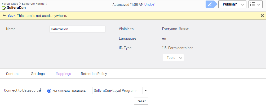 Screenshot of the Mappings tab where selecting the MA System Database for Delivra field mapping