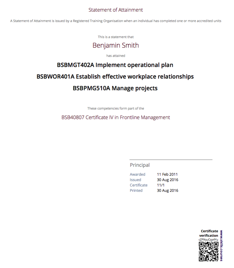 Figure 426. Standard Statement of Attainment layout with reference to a qualification