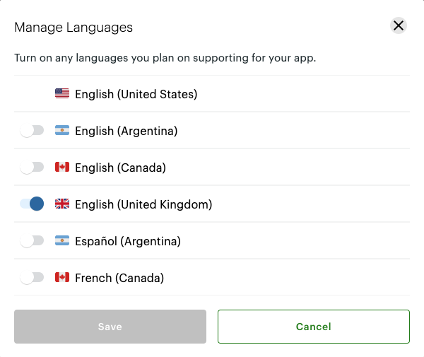 Manage Languages pop-up