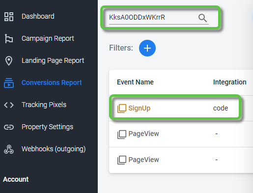 The Conversions Report will show the events triggered by the snippet code.