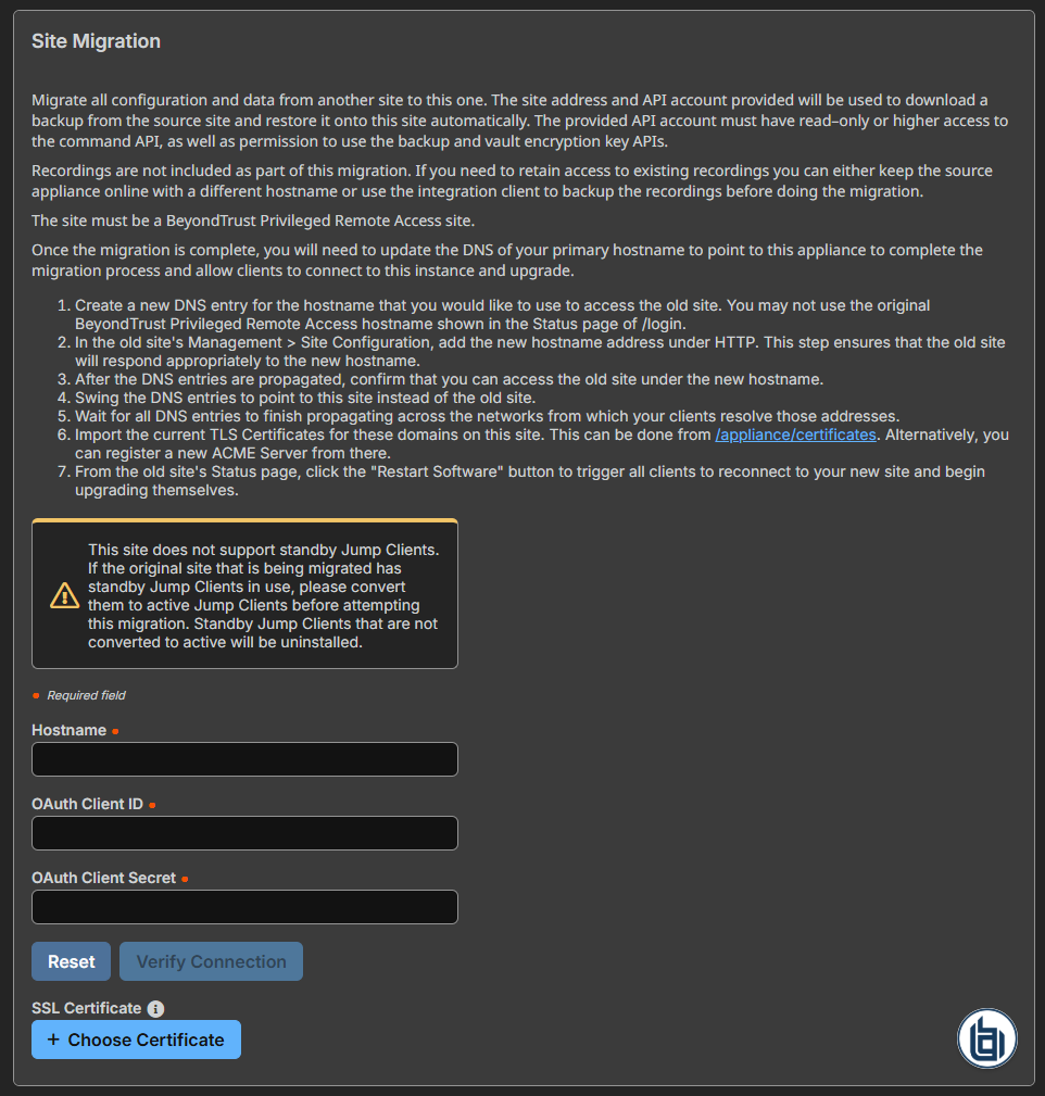 An image of the 'Site Migration' section of the main Management page
