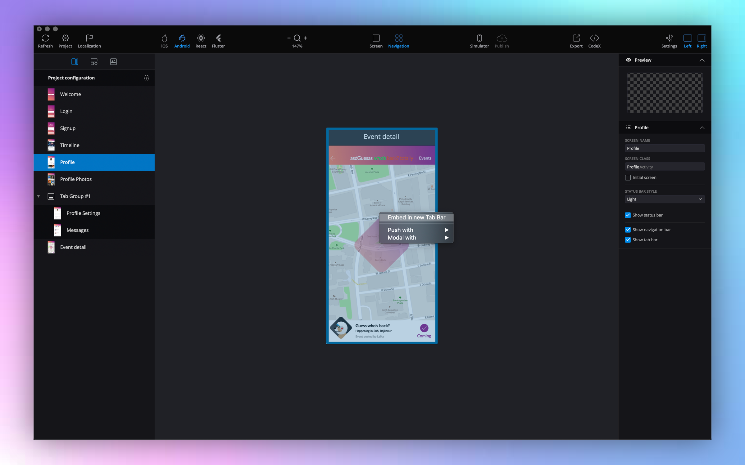 5.png Creating tab bar without a design component.
You can then add screens to it using the same approach as described above