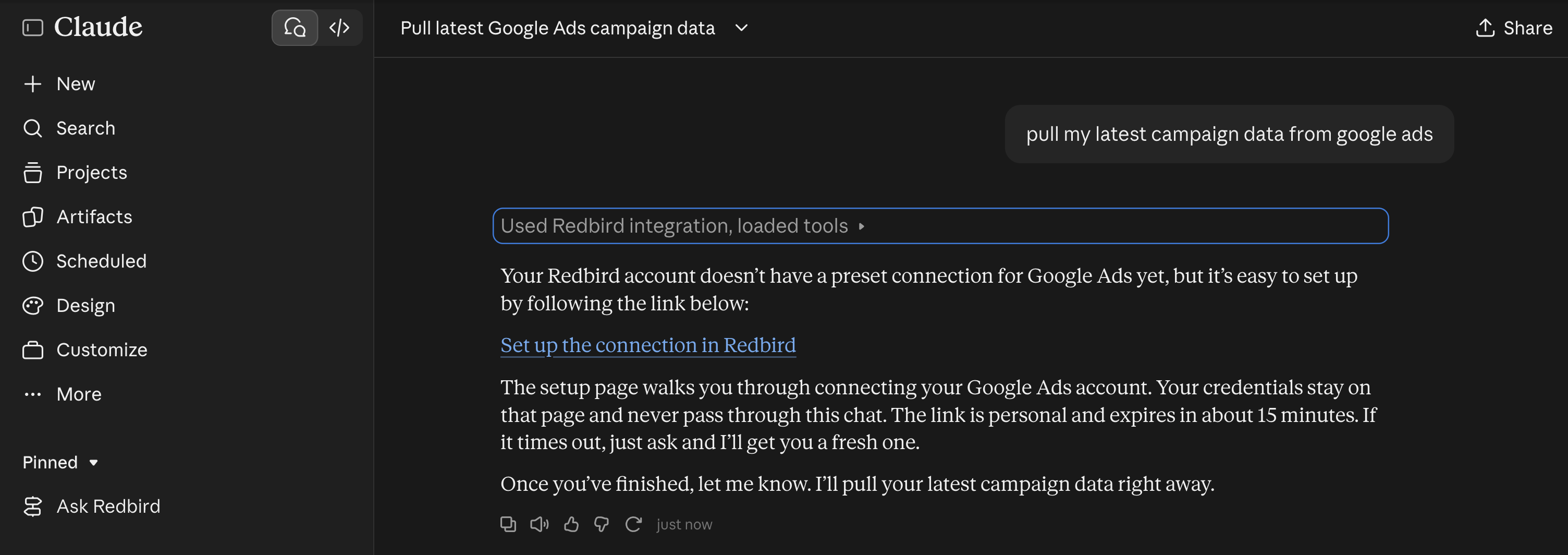 Placeholder: the assistant posting a personal Redbird setup link for a tool that isn't connected yet