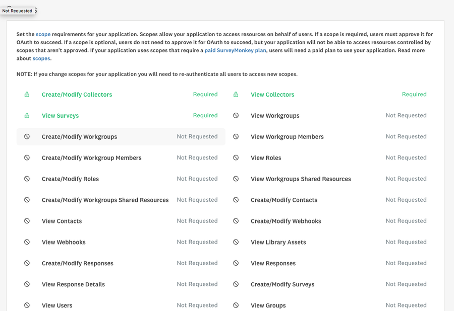 The required scopes in SurveyMonkey