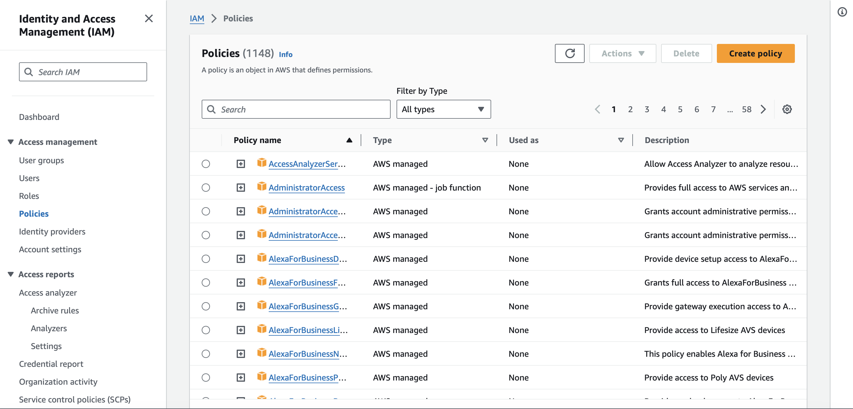 Figure 5. List of available policies in the IAM