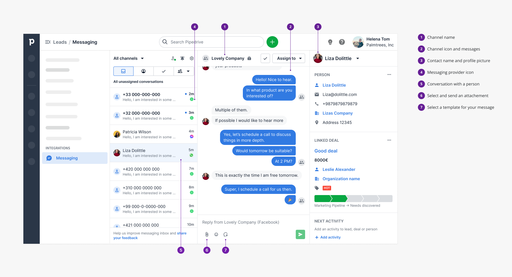 Messaging inbox - active conversation with details from different apps