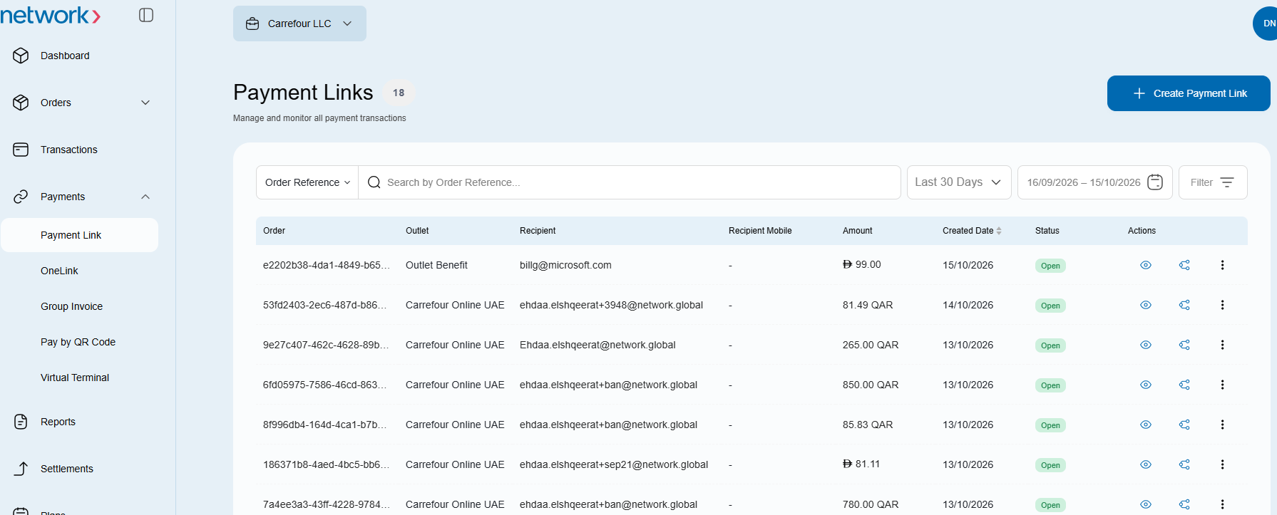 Payment Links page with payment-link entries