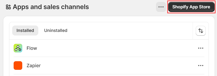 Screenshot of Shopify store with the Shopify App Store button highlighted