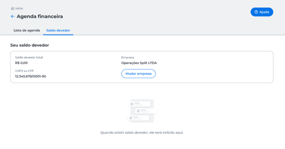Quando não há saldo devedor ou ele foi compensado, o sistema exibe R$ 0,00 no campo de Saldo Devedor Total e a mensagem “Quando existir saldo devedor, ele será exibido aqui.”