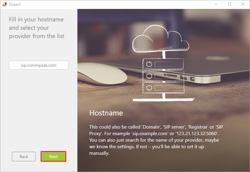 Screenshot of the Zoiper hostname page