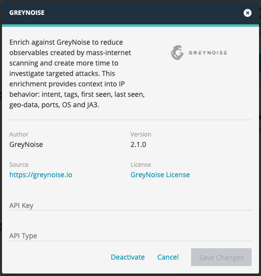 Setup Dialog for entering GreyNoise API Key