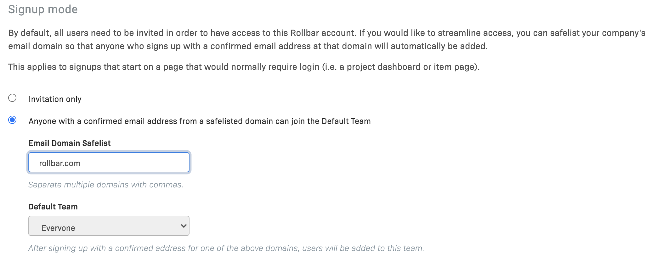 An example of the domain whitelist option configured to allow signups for users with a rollbar.com email address