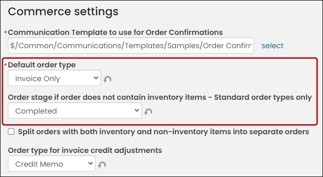 Commerce settings with a callout around Default order type and Order stage if order does not contain inventory items