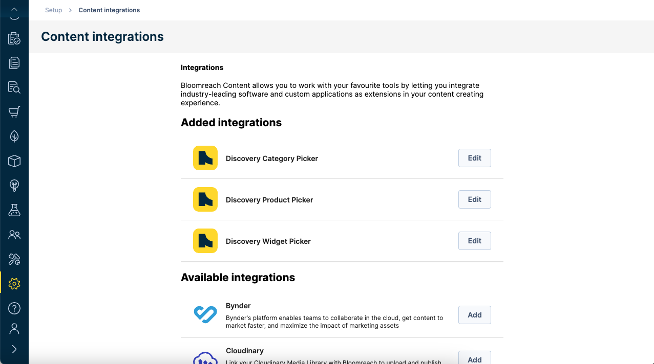 Screenshot of the Content integrations app