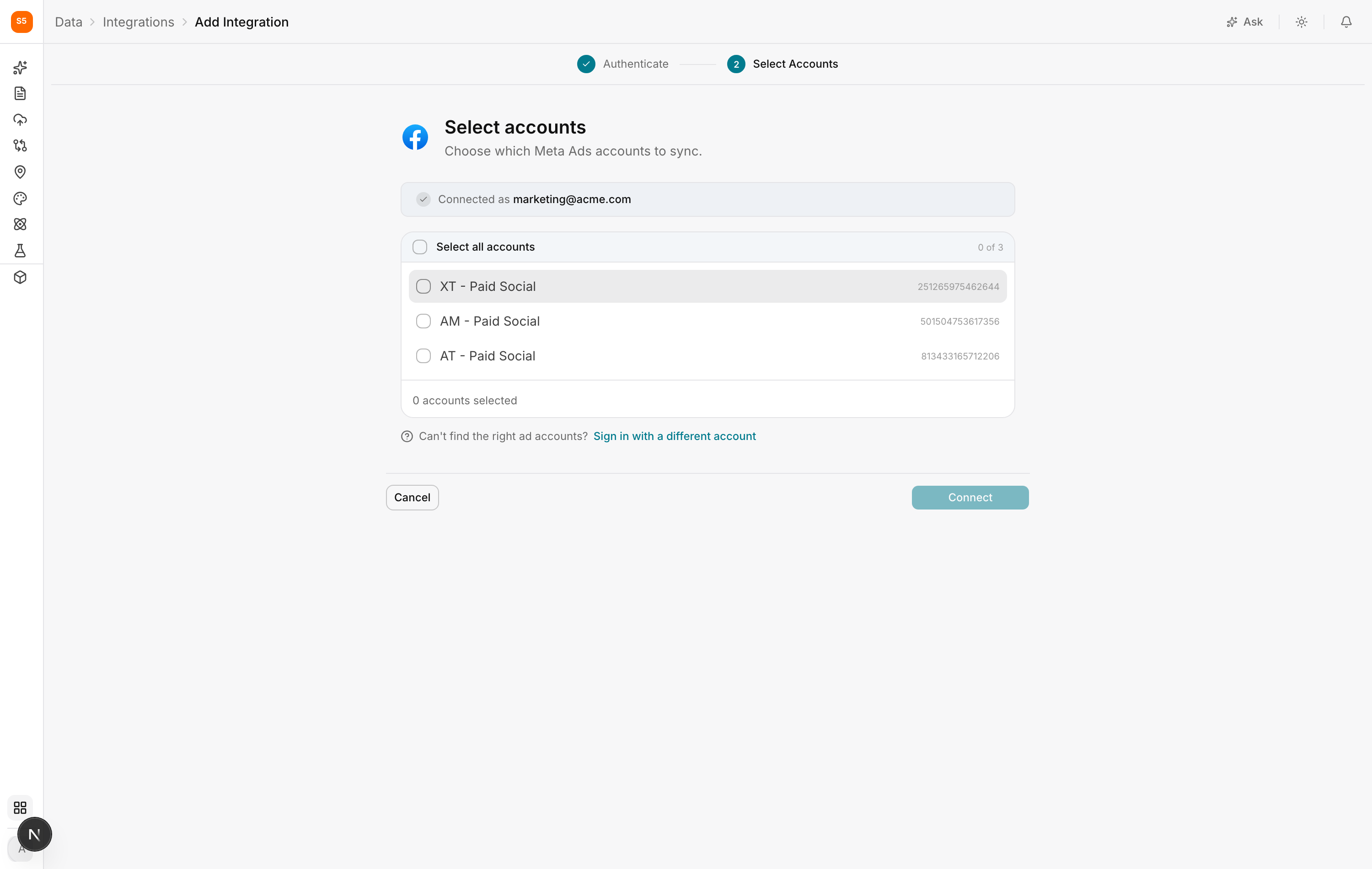 Selecting which Meta ad accounts to sync