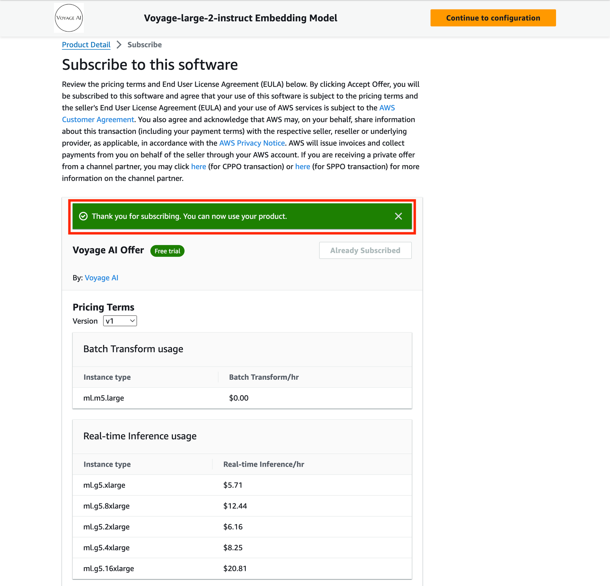 Voyage AI model package AWS marketplace subscribe confirmation