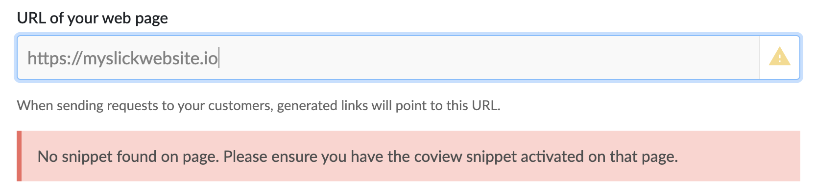 "Missing snippet" warning next to a website URL field.