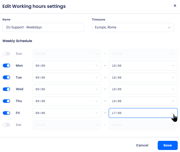 Screenshot of the Edit Working Hours dialog