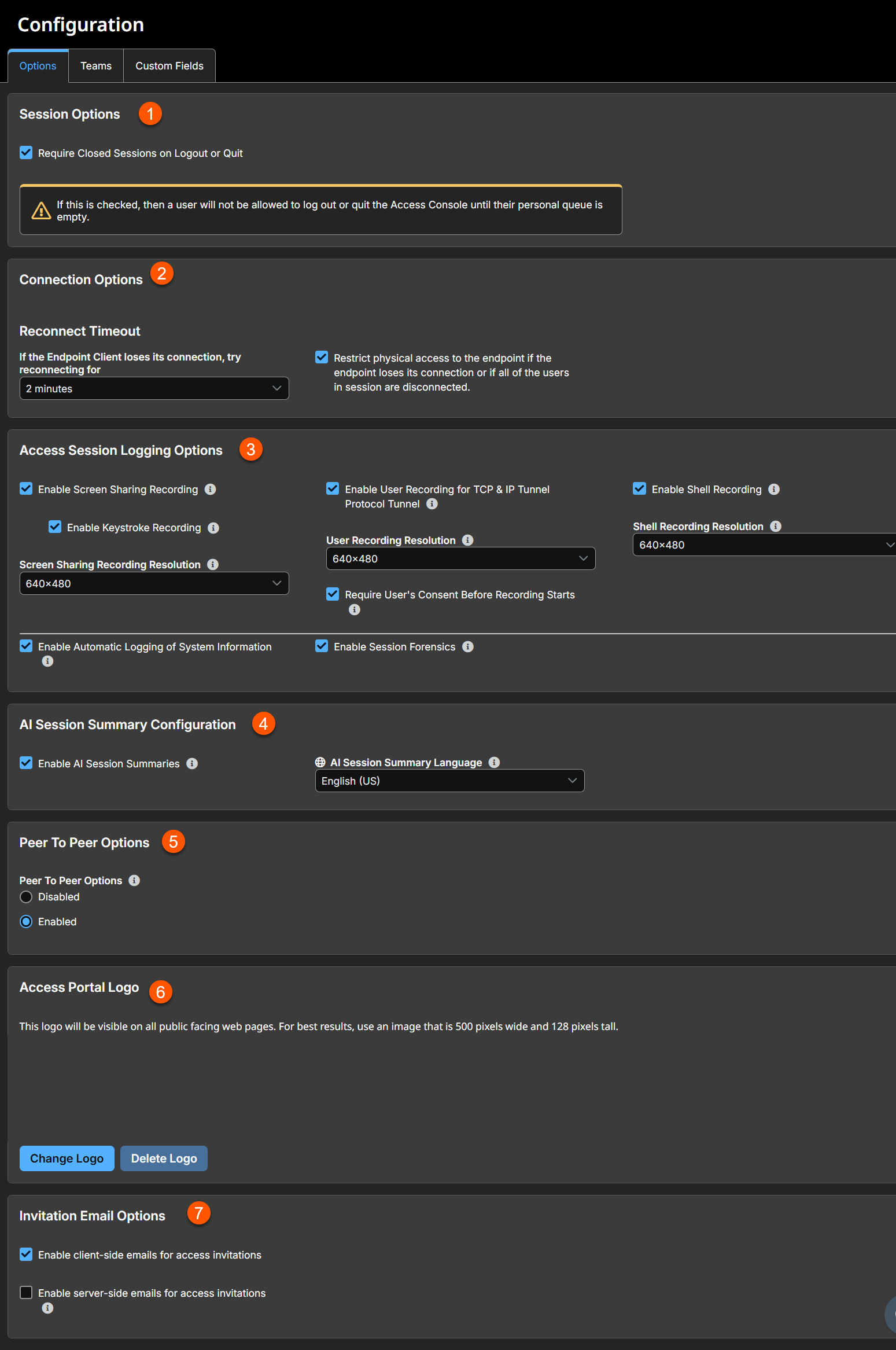 An image of the "Configuration" section in the BeyondTrust Privileged Remote Access interface, under the "Options" tab. It includes settings for session behavior, connection timeouts, access session logging (such as screen sharing and shell recording), peer-to-peer server usage, access portal logo customization, and invitation email preferences. Various checkboxes, dropdowns, and radio buttons are used to configure these options.
