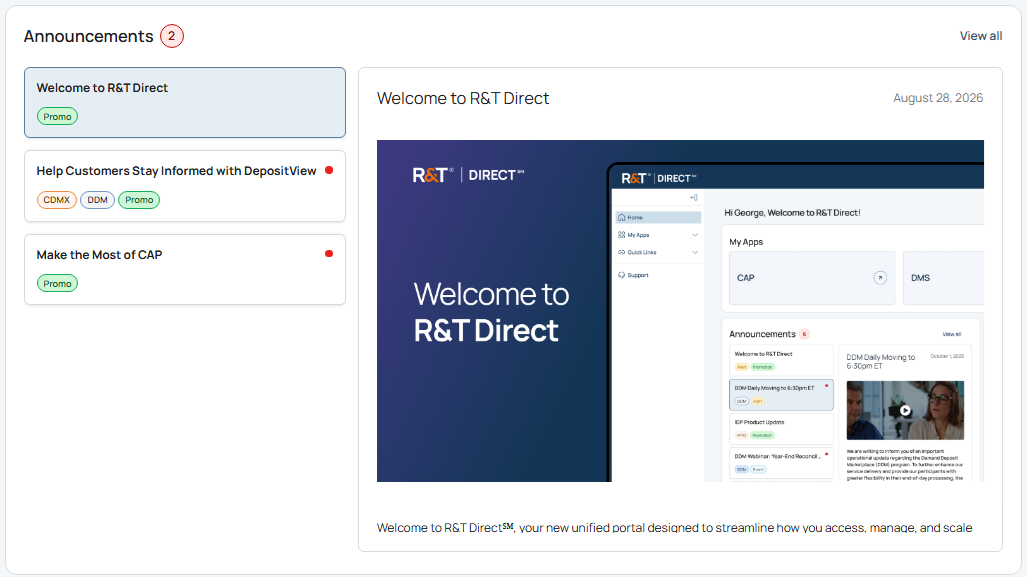 R&T Direct Homepage Announcements section
