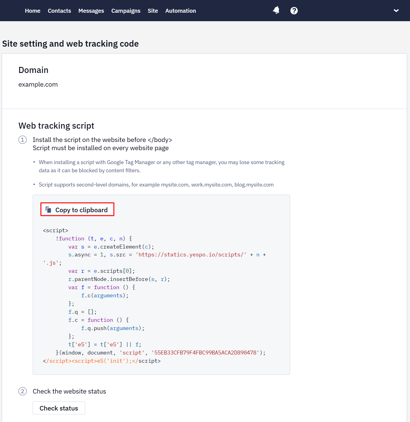 Web tracking script ready to copy and install before the closing body tag