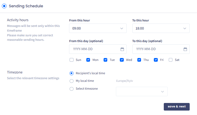 Screenshot of the Sending Schedule options