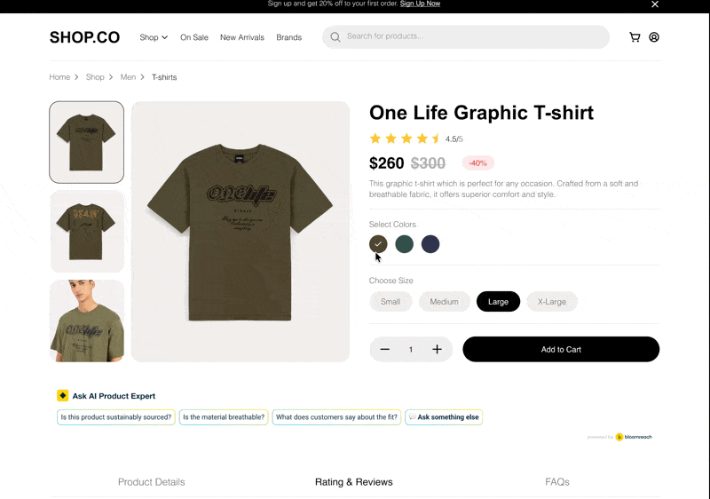 Conversational agent displays clickable question prompts to engage shoppers. 