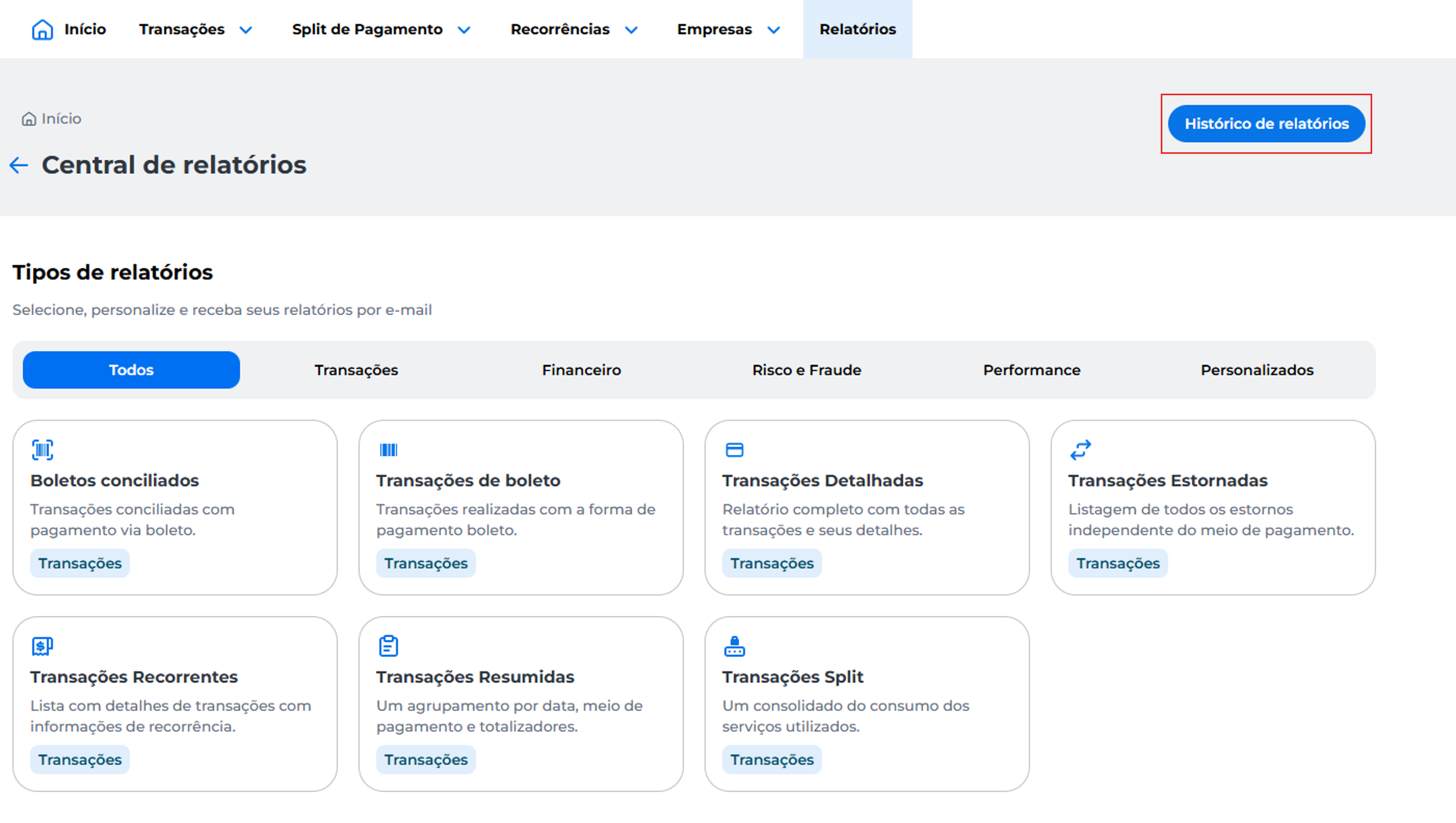Tela da Central de Relatórios com a aba “Histórico de Relatórios” selecionada, exibindo a lista de relatórios previamente gerados pelo usuário.