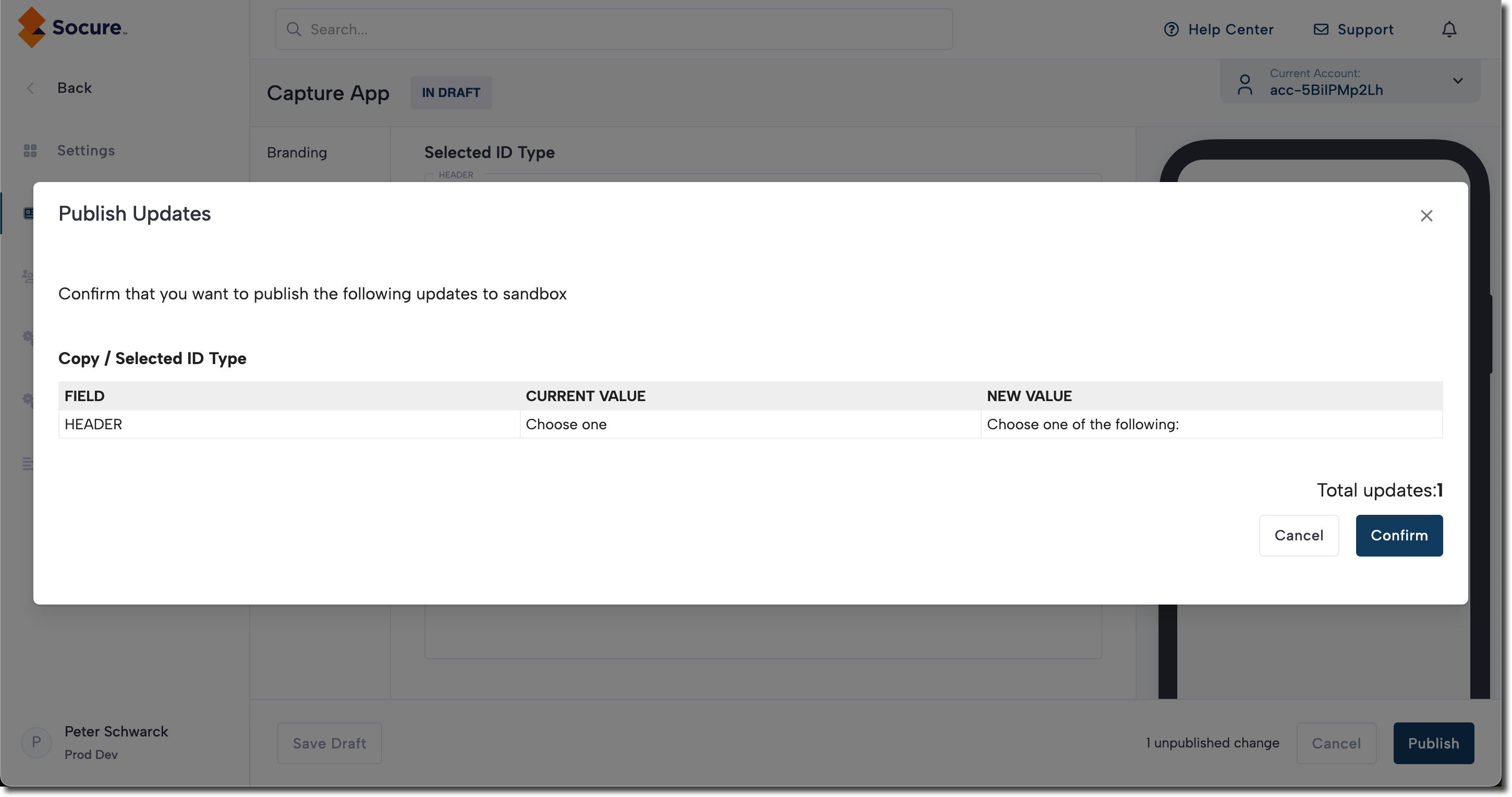 Screenshot showing DocV App settings