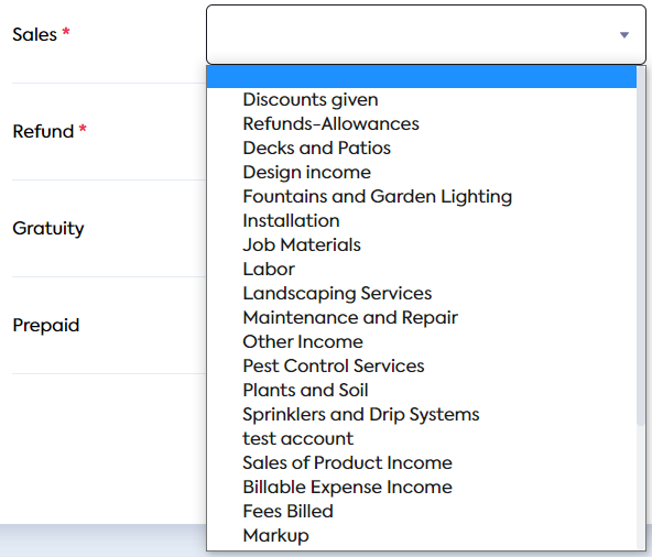 A dropdown list displaying nominal accounts that can be used to map **Sales**.