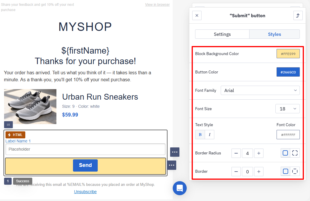 Styles tab in the Submit button settings