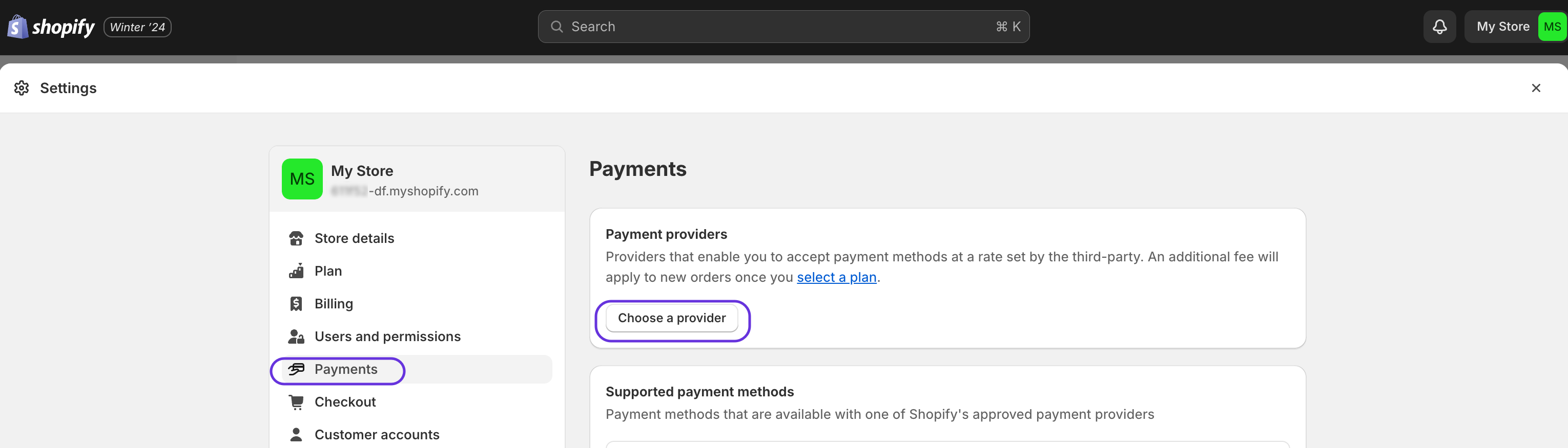 Shopify Store: Payments > Choose a provider