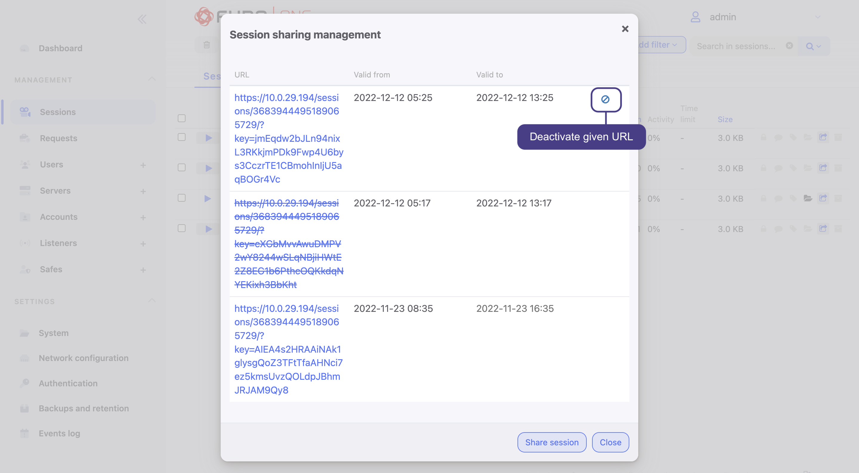 Deactivating of session sharing