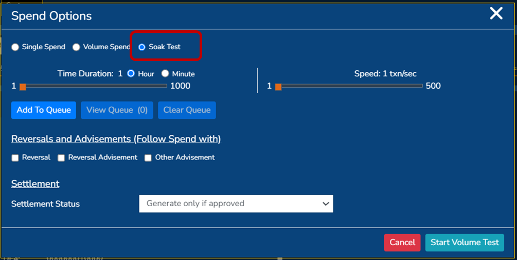 Test screen: selecting Soak test