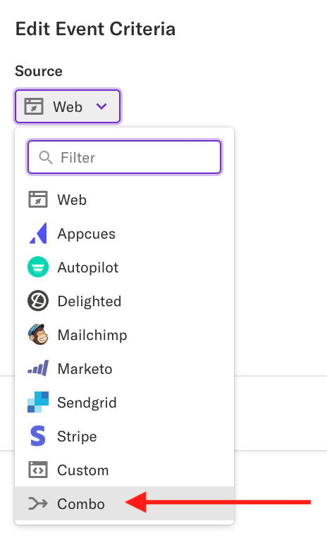 The 'Edit Event Criteria' page with a combo event selected in the Source drop-down