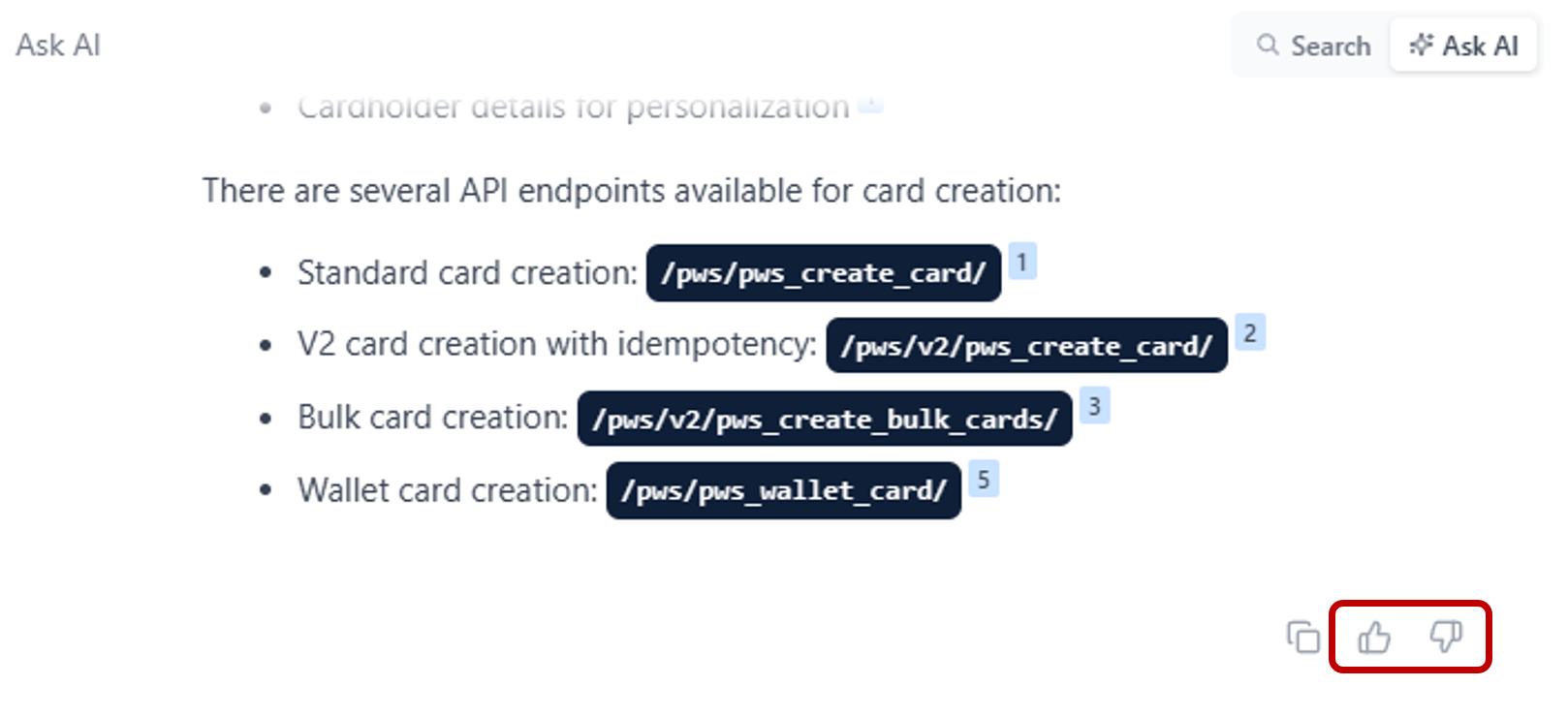 Ask AI's feedback buttons