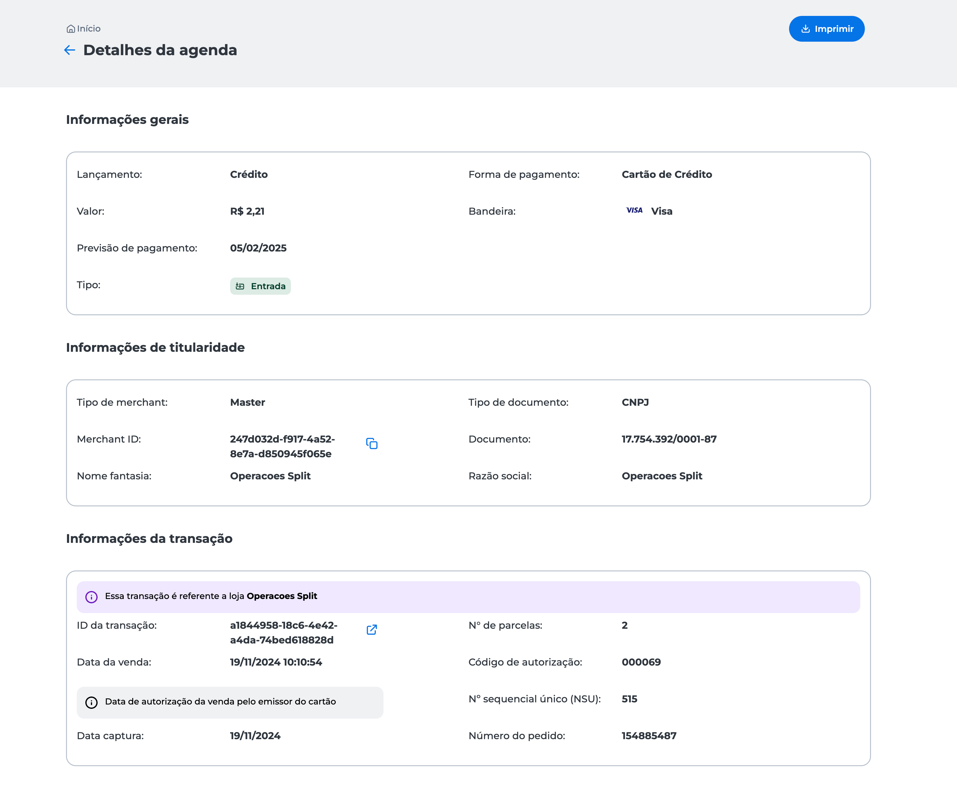 Após selecionar um dos resultados da agenda terá acesso aos detalhes, podendo imprimir, identificar os detalhes de titularidade, transações e gerais