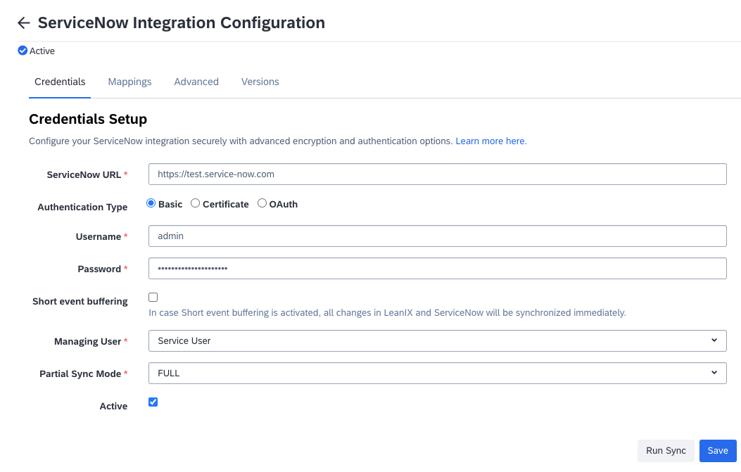 Credentials tab for connecting to the ServiceNow Instance