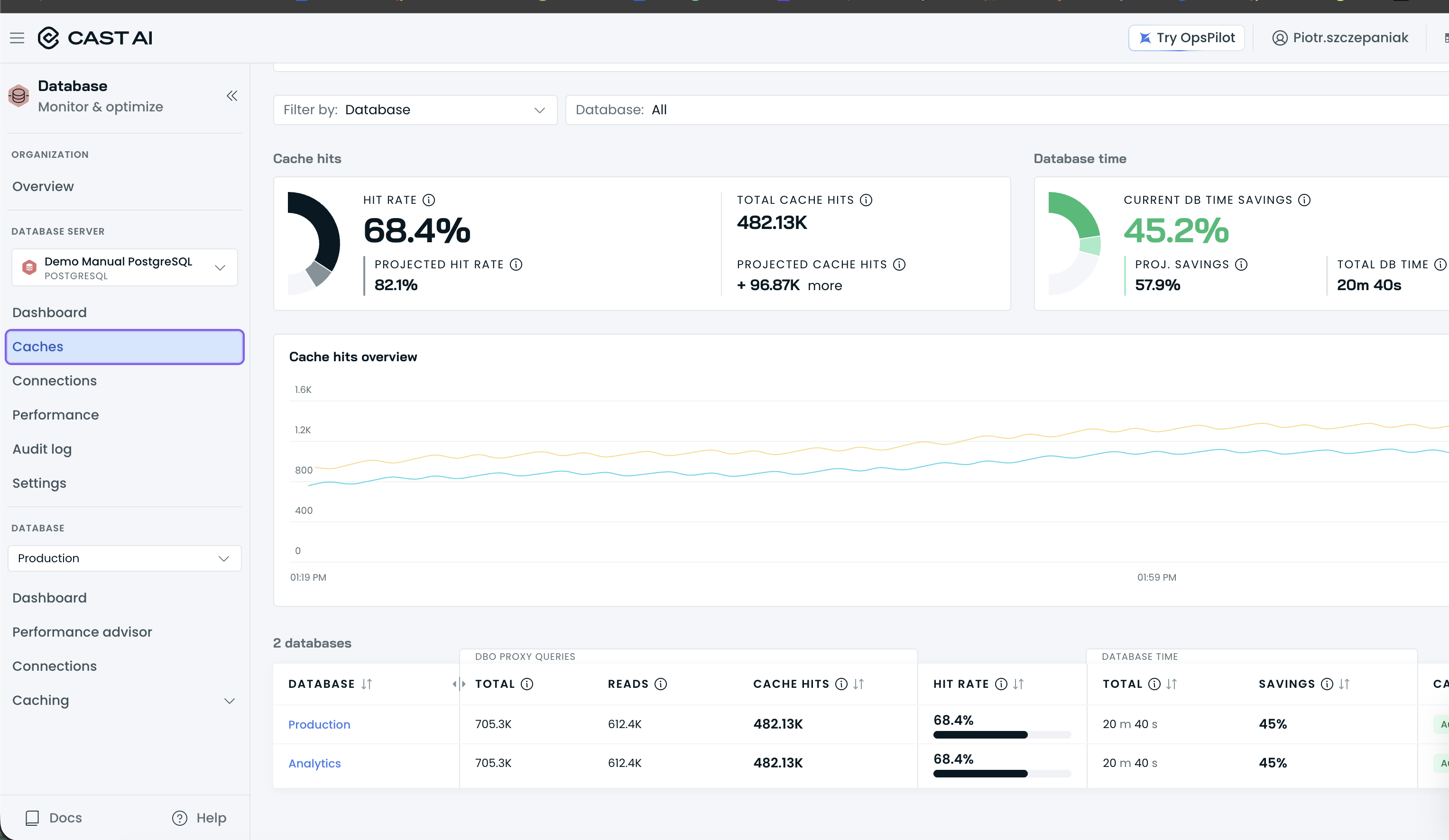 Instance Caches tab per-database table with the DBO PROXY QUERIES, HIT RATE, and DATABASE TIME columns