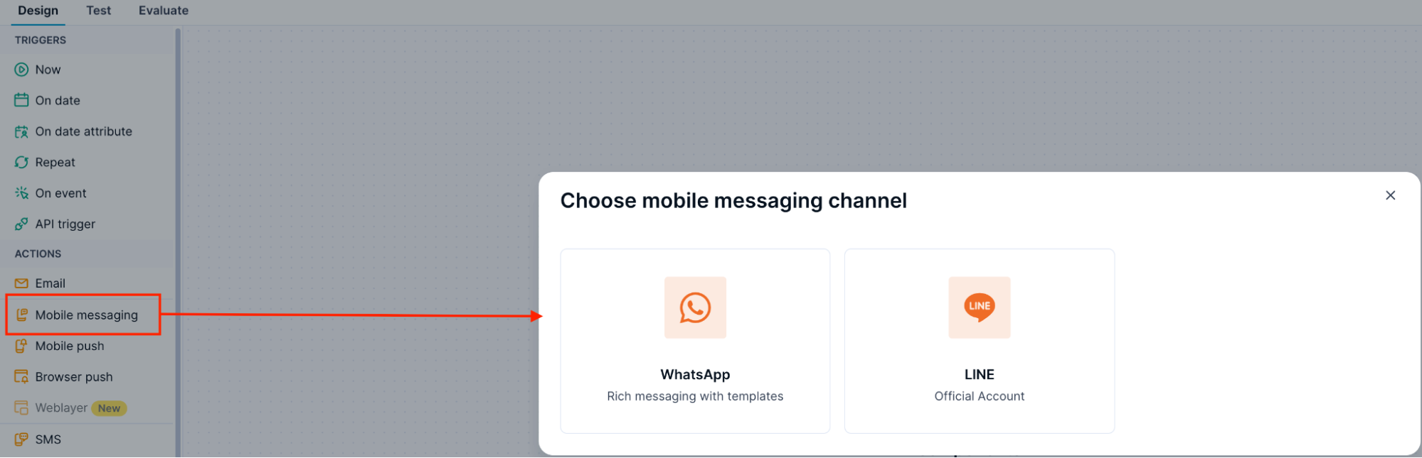 Choose mobile messaging channel pop-up showing WhatsApp and LINE as available options after selecting the Mobile messaging node in the scenario designer.