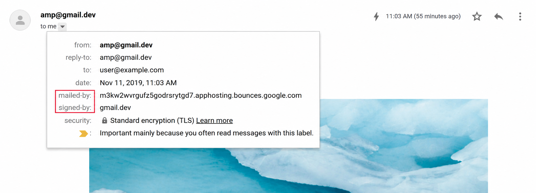 Gmail message details popup with the mailed-by and signed-by fields highlighted for a test email from amp@gmail.dev