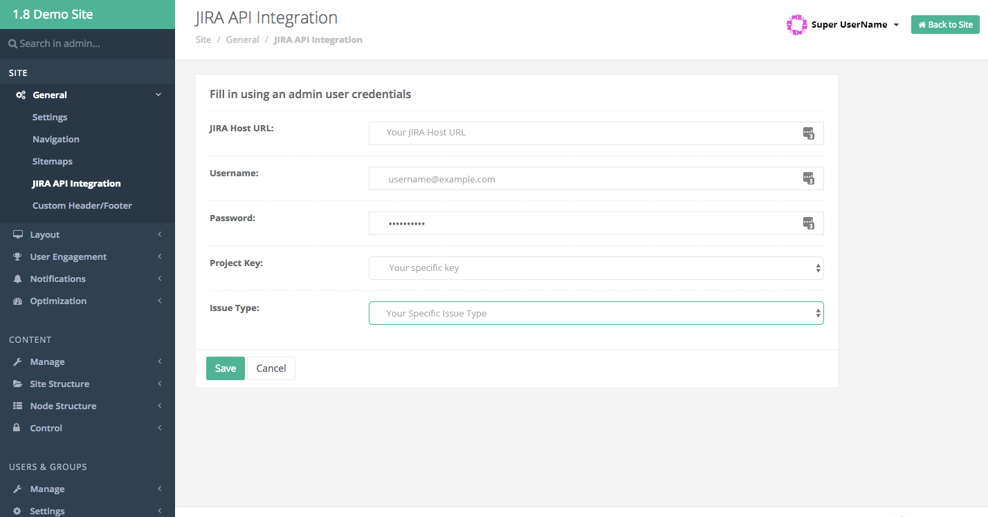 JIRA API Integration form.